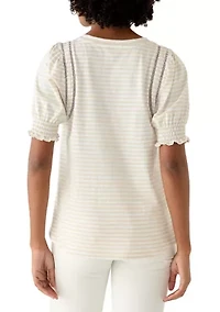 Women's Short Puff Sleeve Crew Neck Striped Top