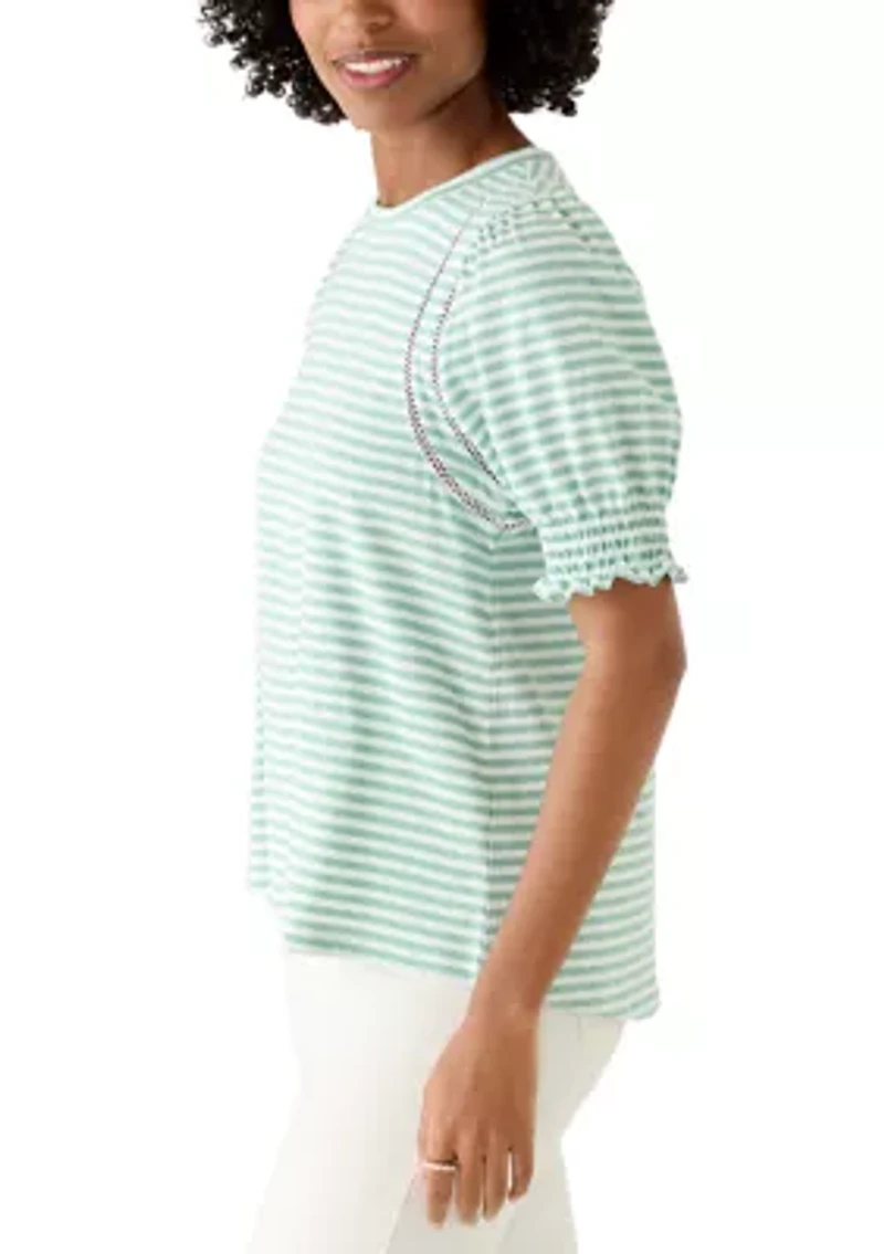 Women's Short Puff Sleeve Crew Neck Striped Top