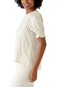 Women's Short Puff Sleeve Crew Neck Striped Top