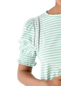 Women's Short Puff Sleeve Crew Neck Striped Top