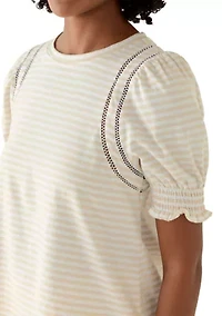 Women's Short Puff Sleeve Crew Neck Striped Top