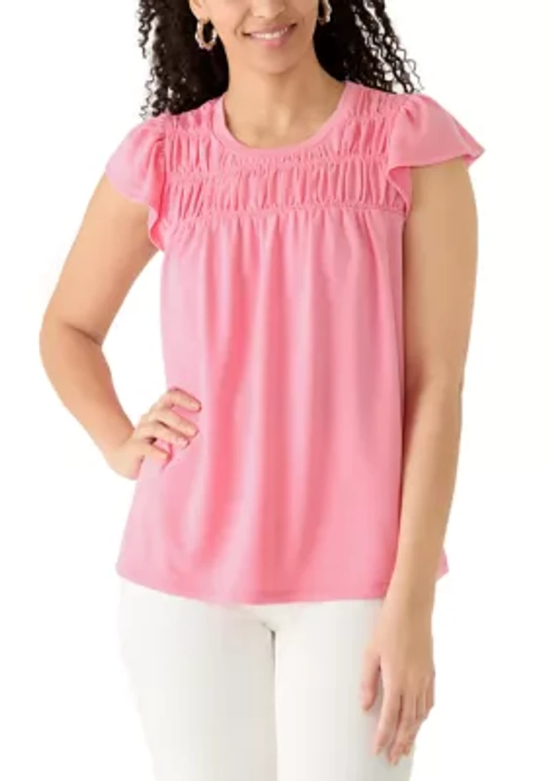 Women's Flutter Sleeve Smock Yoke Baby Terry Top