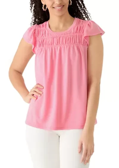 Women's Flutter Sleeve Smock Yoke Baby Terry Top