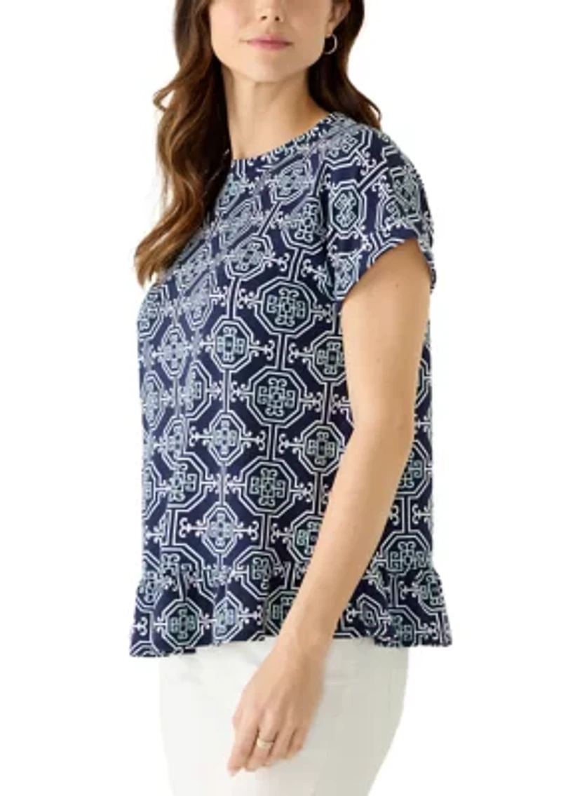 Women's Short Sleeve Ruffle Hem Baby Terry Top