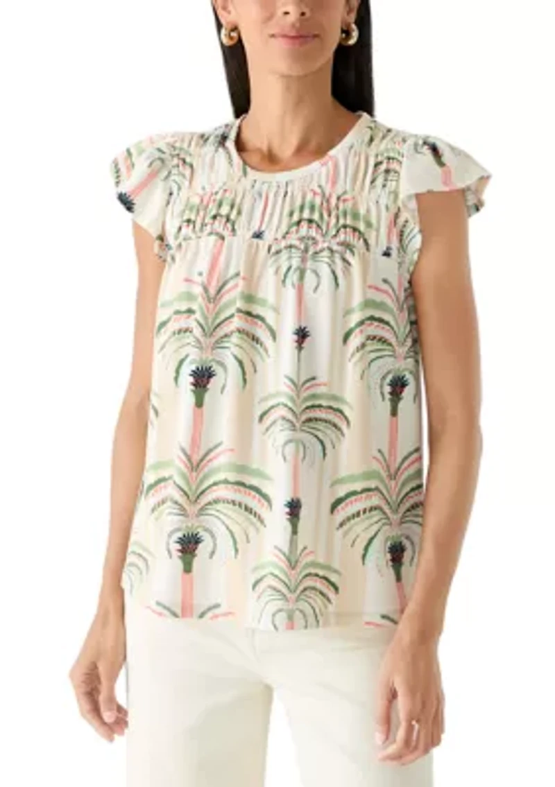 Women's Flutter Sleeve Smocked Yoke Baby Terry T-Shirt