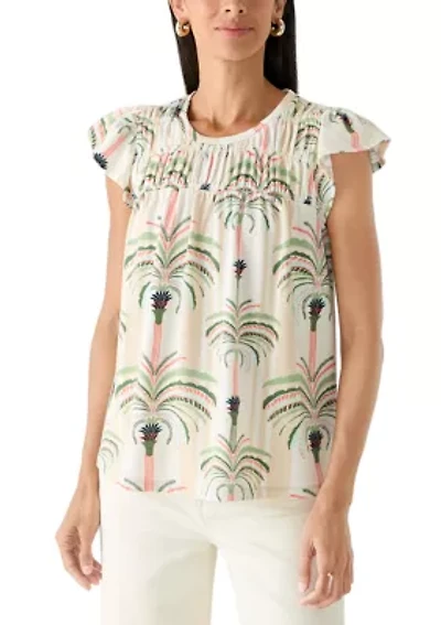 Women's Flutter Sleeve Smocked Yoke Baby Terry T-Shirt