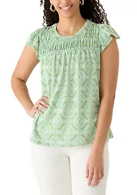 Women's Flutter Sleeve Smocked Yoke Baby Terry Top