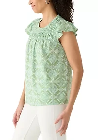 Women's Flutter Sleeve Smocked Yoke Baby Terry Top
