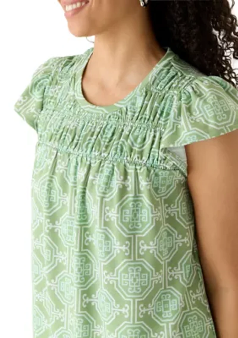 Women's Flutter Sleeve Smocked Yoke Baby Terry Top
