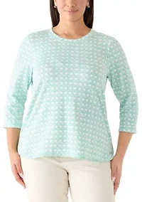 Plus 3/4 Sleeve Smile Hem Print Top