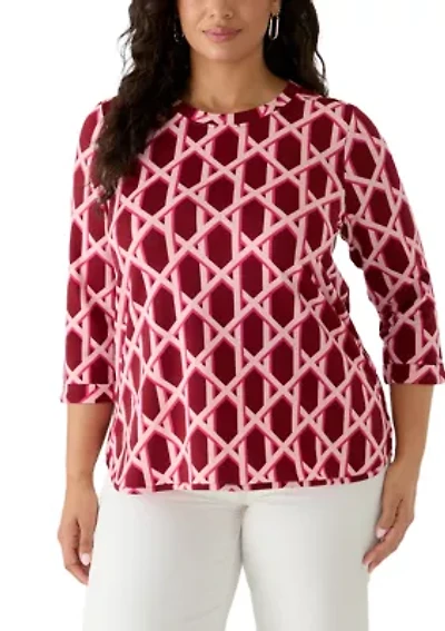 Plus 3/4 Sleeve Smile Hem Print Top