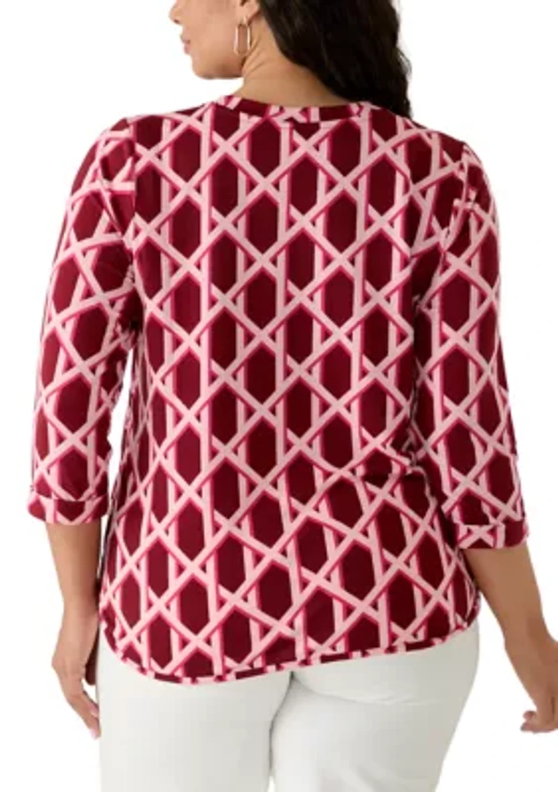 Plus 3/4 Sleeve Smile Hem Print Top