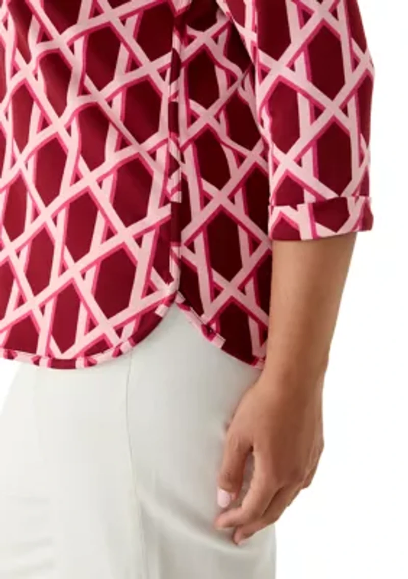 Plus 3/4 Sleeve Smile Hem Print Top