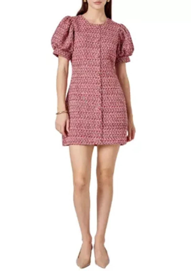 Tweed Puff Sleeve Mini Dress