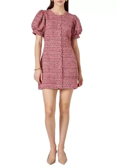 Tweed Puff Sleeve Mini Dress