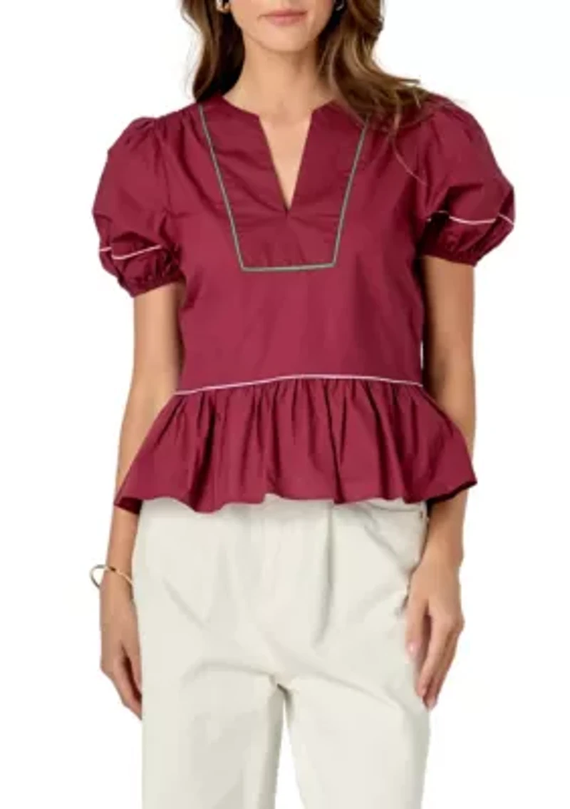 Piping Detail Top with Short Puff Sleeves
