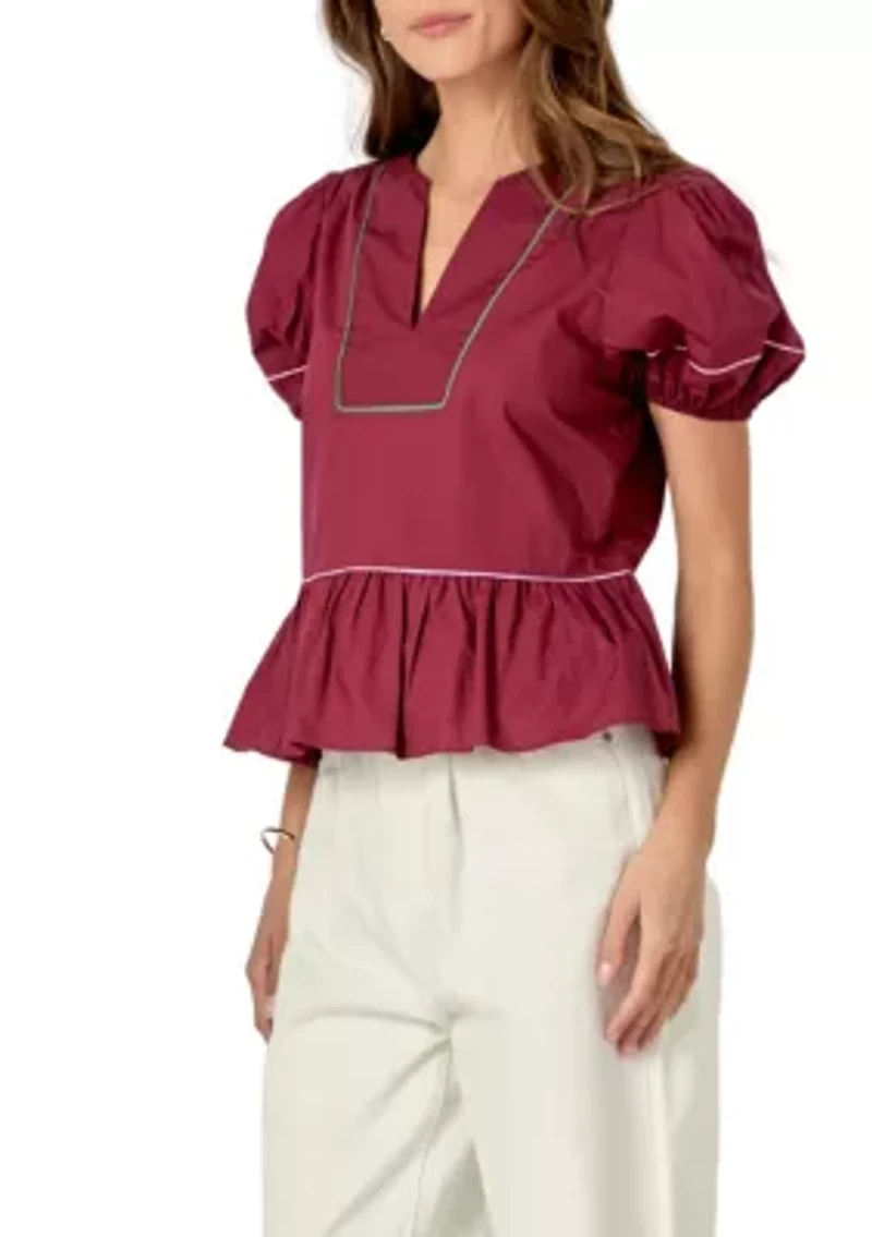 Piping Detail Top with Short Puff Sleeves