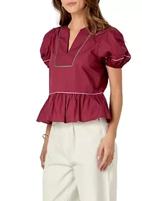 Piping Detail Top with Short Puff Sleeves