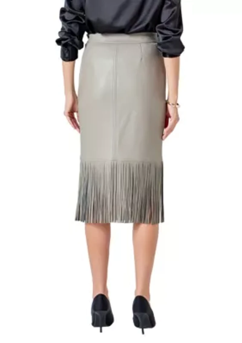 PU Fringe Pencil Midi Skirt