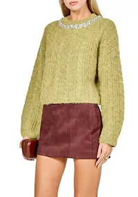Jewel Embroidered Fuzzy Cable Knit Chunky Sweater