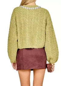 Jewel Embroidered Fuzzy Cable Knit Chunky Sweater