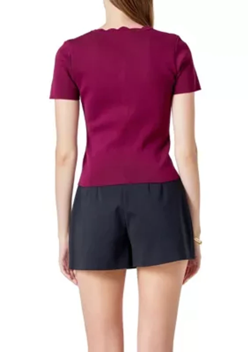 Scalloped Accent Button Knit Top