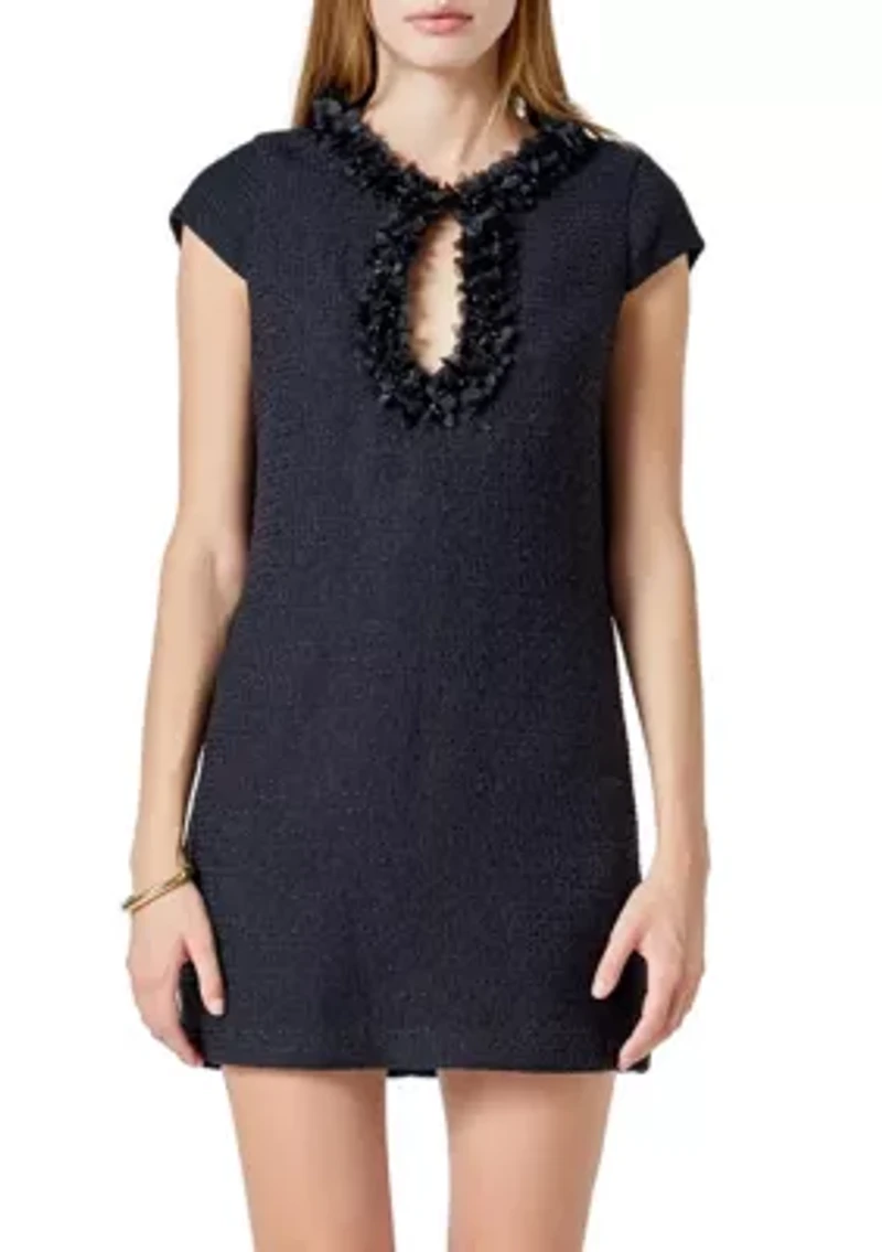 Tweed Shift Dress with Floral Trim