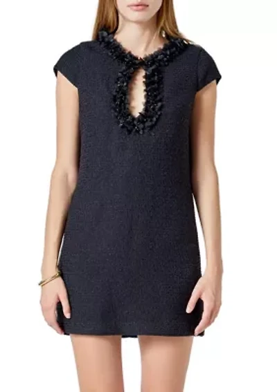 Tweed Shift Dress with Floral Trim