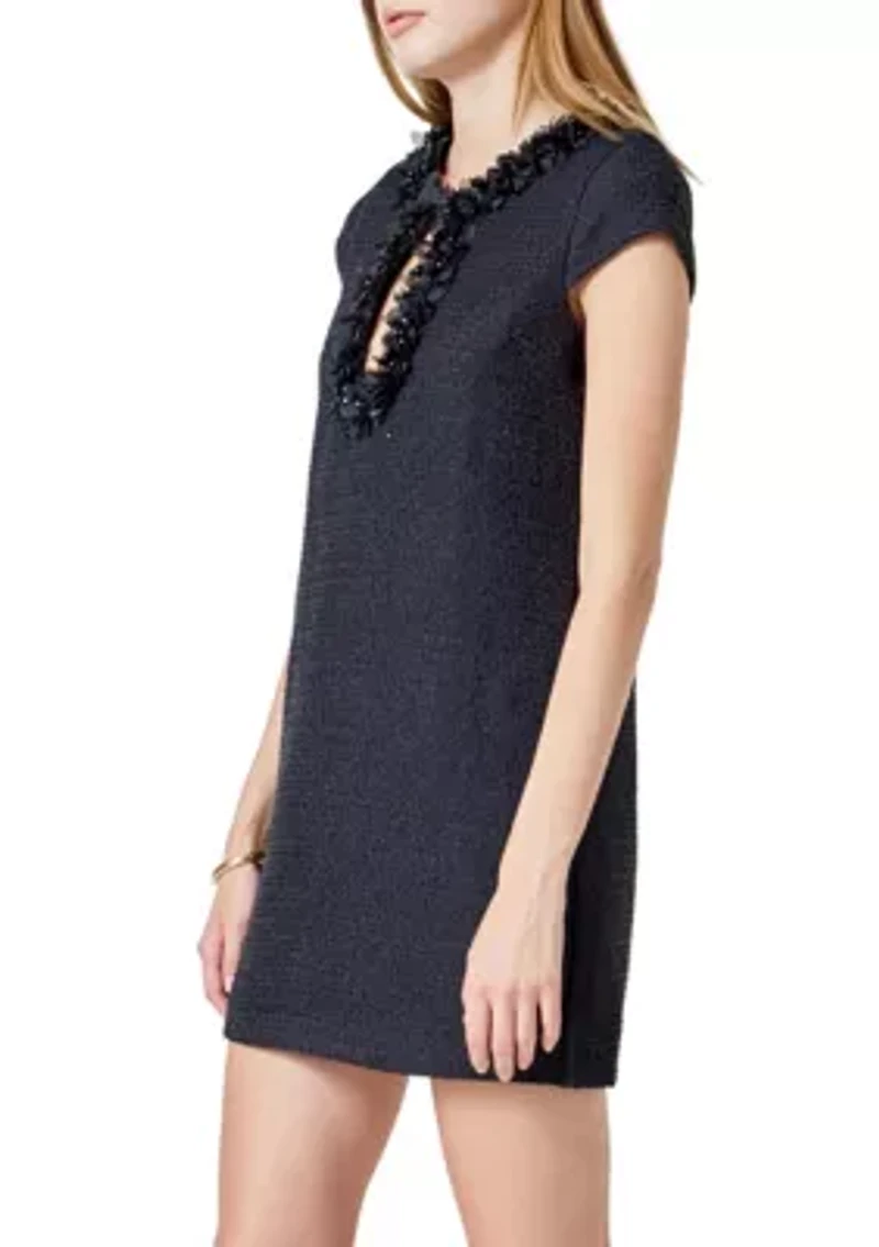 Tweed Shift Dress with Floral Trim