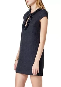 Tweed Shift Dress with Floral Trim