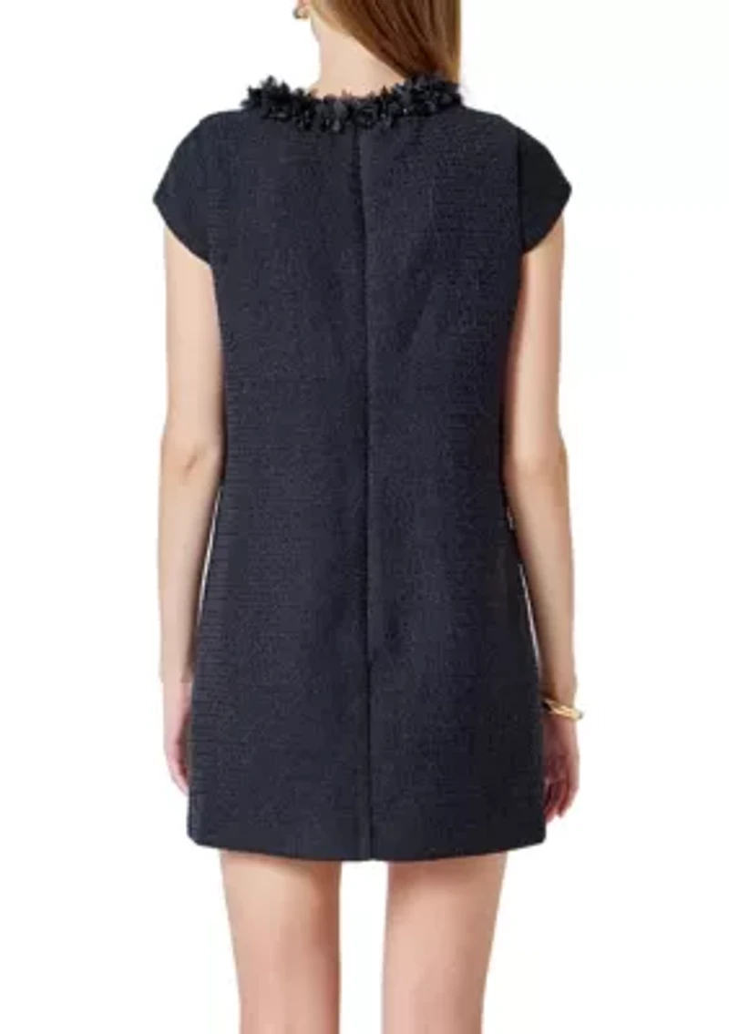 Tweed Shift Dress with Floral Trim