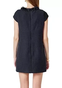 Tweed Shift Dress with Floral Trim