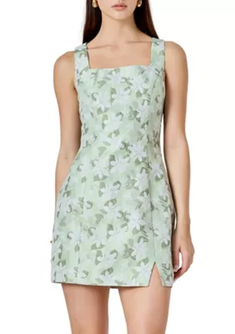 Floral Jacquard Front Slit Mini Dress