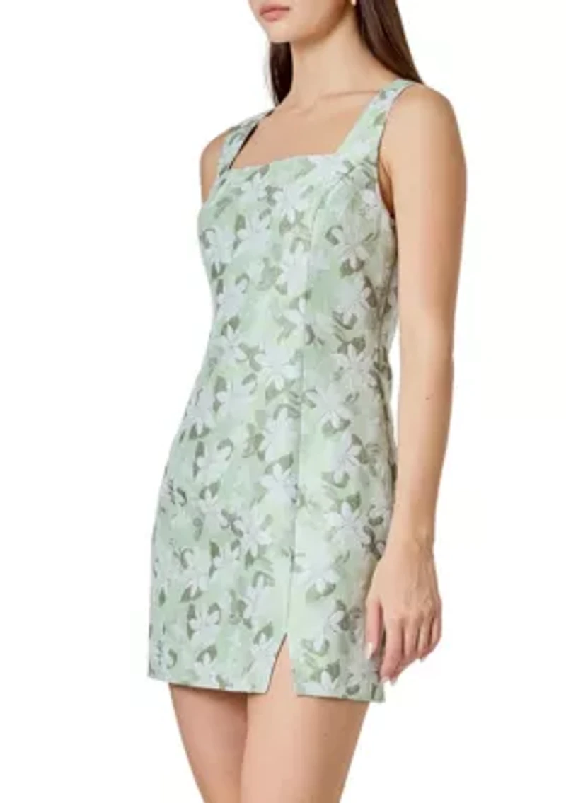 Floral Jacquard Front Slit Mini Dress