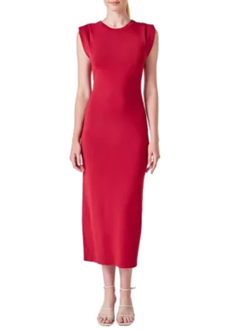 Knit Shoulder Pleated Midi Dress