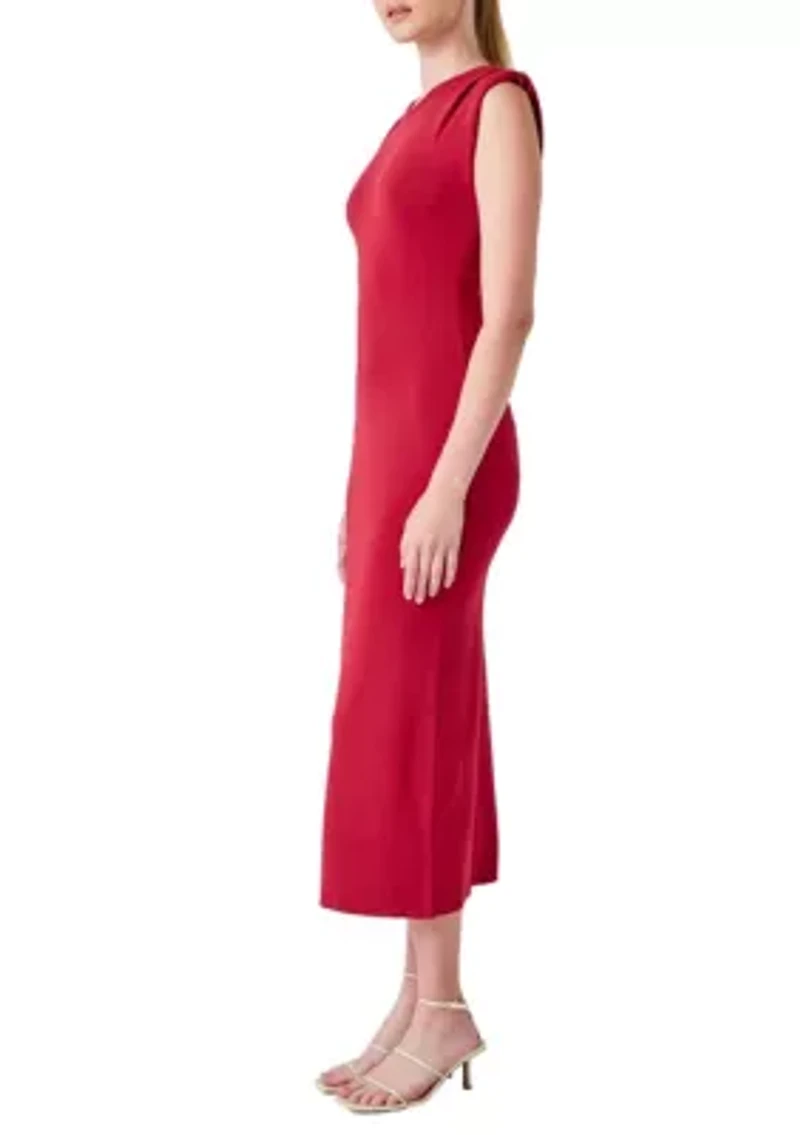 Knit Shoulder Pleated Midi Dress