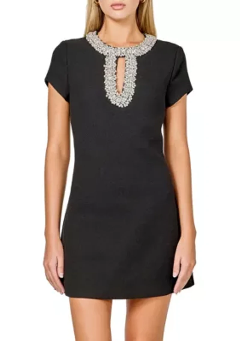 Jewel Trim Neck Mini Dress