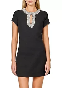 Jewel Trim Neck Mini Dress