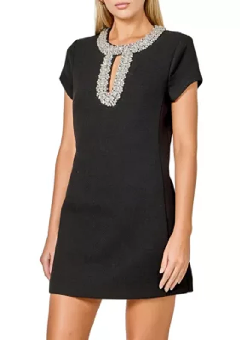 Jewel Trim Neck Mini Dress