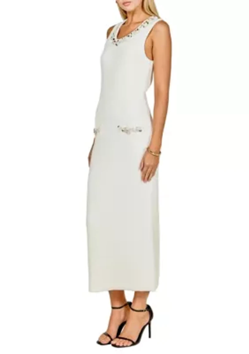 Boucle Knit Jewel Trim Midi Dress