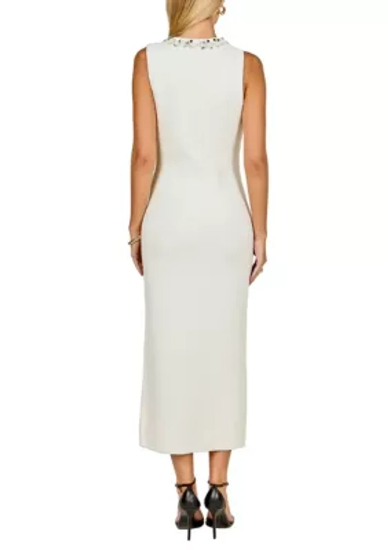 Boucle Knit Jewel Trim Midi Dress