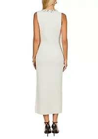 Boucle Knit Jewel Trim Midi Dress