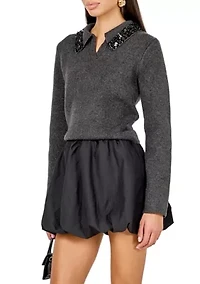 Knit Jewel Trim Collared Sweater