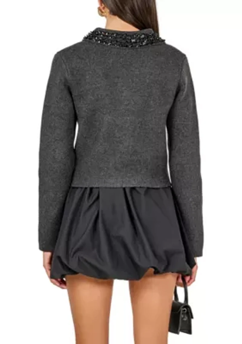 Knit Jewel Trim Collared Sweater