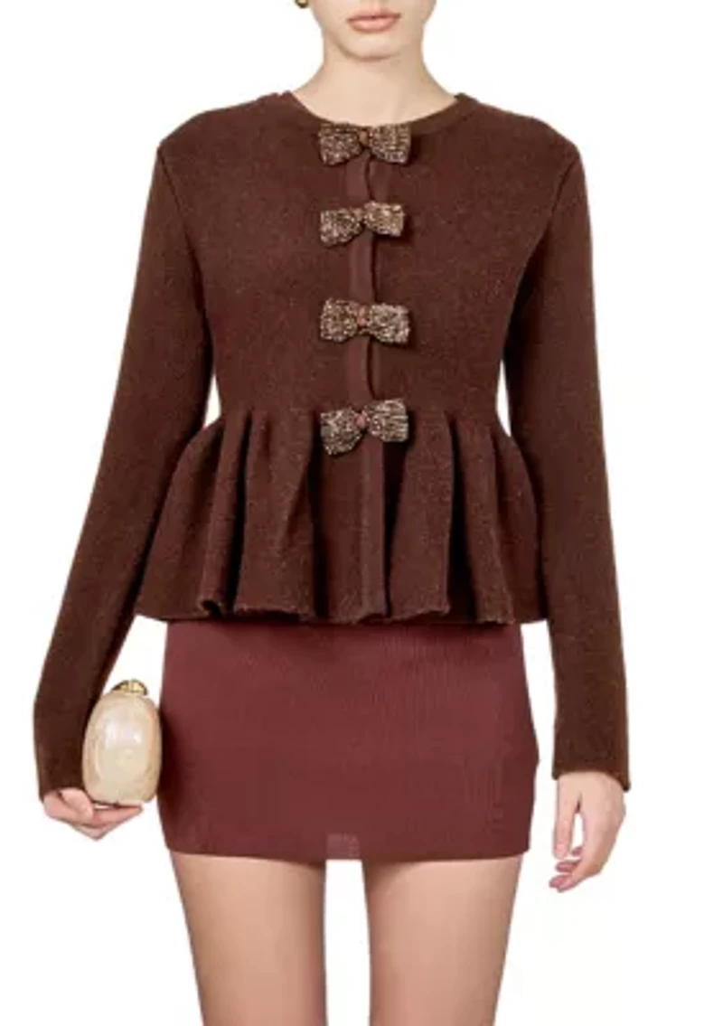 Bow Trim Flared Cardigan