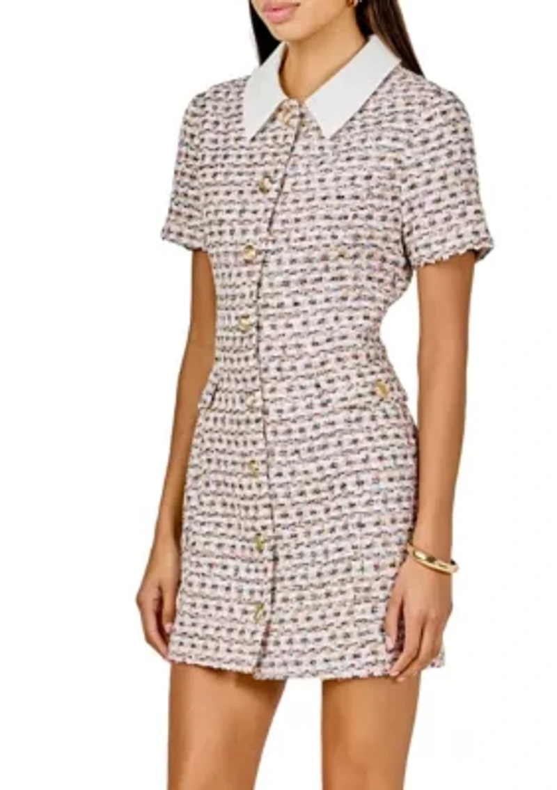 Multi Tweed Collared Short Sleeve Dress
