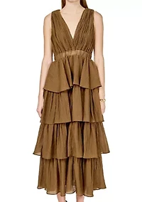 Crinkled Deep V Tiered Maxi Dress