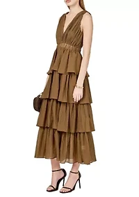 Crinkled Deep V Tiered Maxi Dress