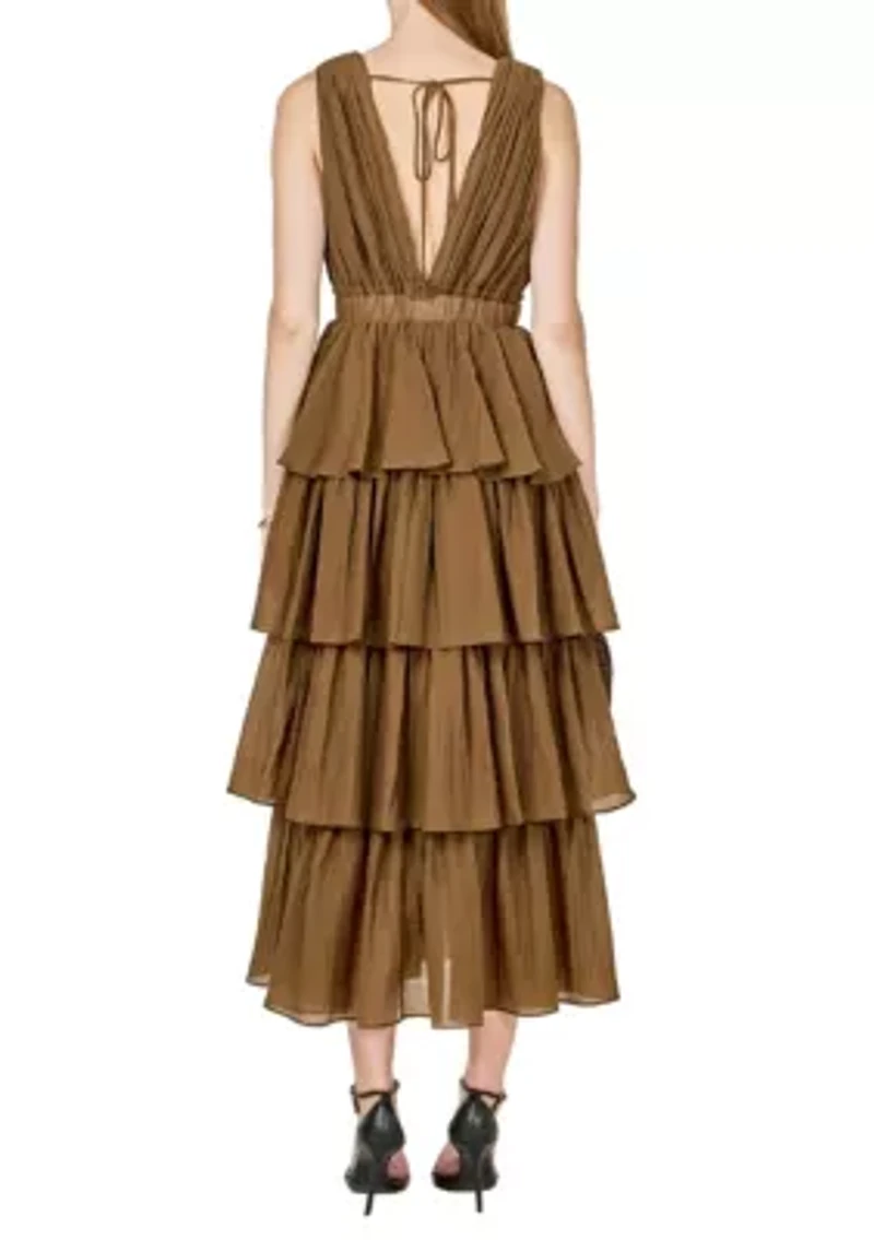 Crinkled Deep V Tiered Maxi Dress