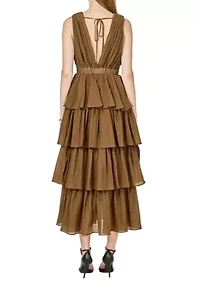 Crinkled Deep V Tiered Maxi Dress